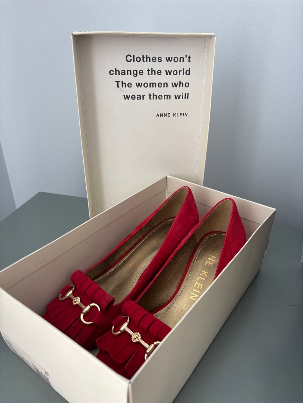 Anne Klein Red Suede Kiltie Loafers with Gold Accent - Picture 6 of 7